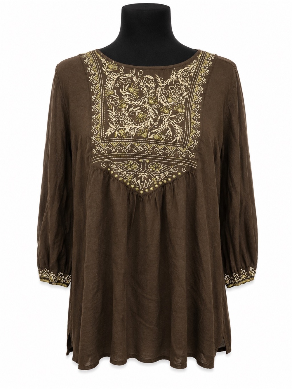 BROWN OLIVE GREEN SWEET MAGNOLIA BOHO LONG SLEEVE EMBROIDERED TOP